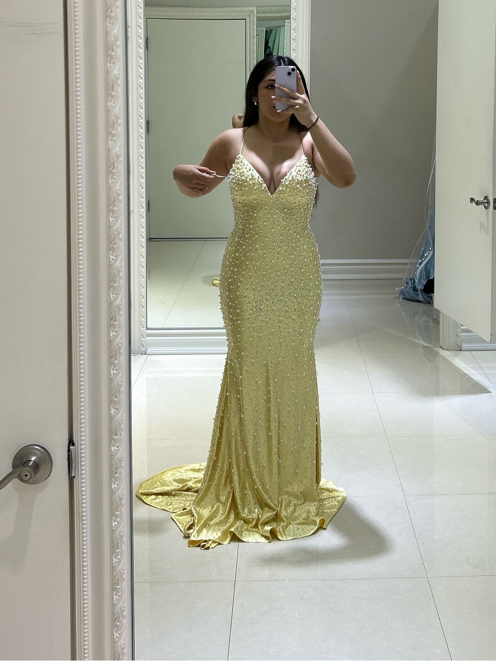 Yellow Beaded V-Neck Evening Gown